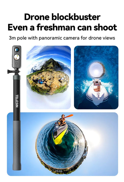 TELESIN 1.2M/3M Carbon Fiber Selfie Stick Monopod - Extendable with 1/4'' Screw for GoPro, Insta360, Osmo Action, DJI Action Camera
