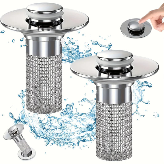 2-Pack Stainless Steel Pop-Up Sink Drain Strainer – Removable Basket Hair Catcher for Bathtub, Shower & Sink Clog Prevention