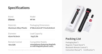 Ulanzi MT-84 1.53M Magsafe Selfie Stick Tripod — Bluetooth Remote Phone Stand for iPhone 16/15, Live Streaming & Vlogging