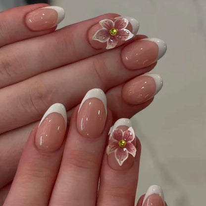 24pcs Short Oval 3D Gel Nail Stickers - Pearl Flower French Acrylic Press-On Nails for Easy Nail Art