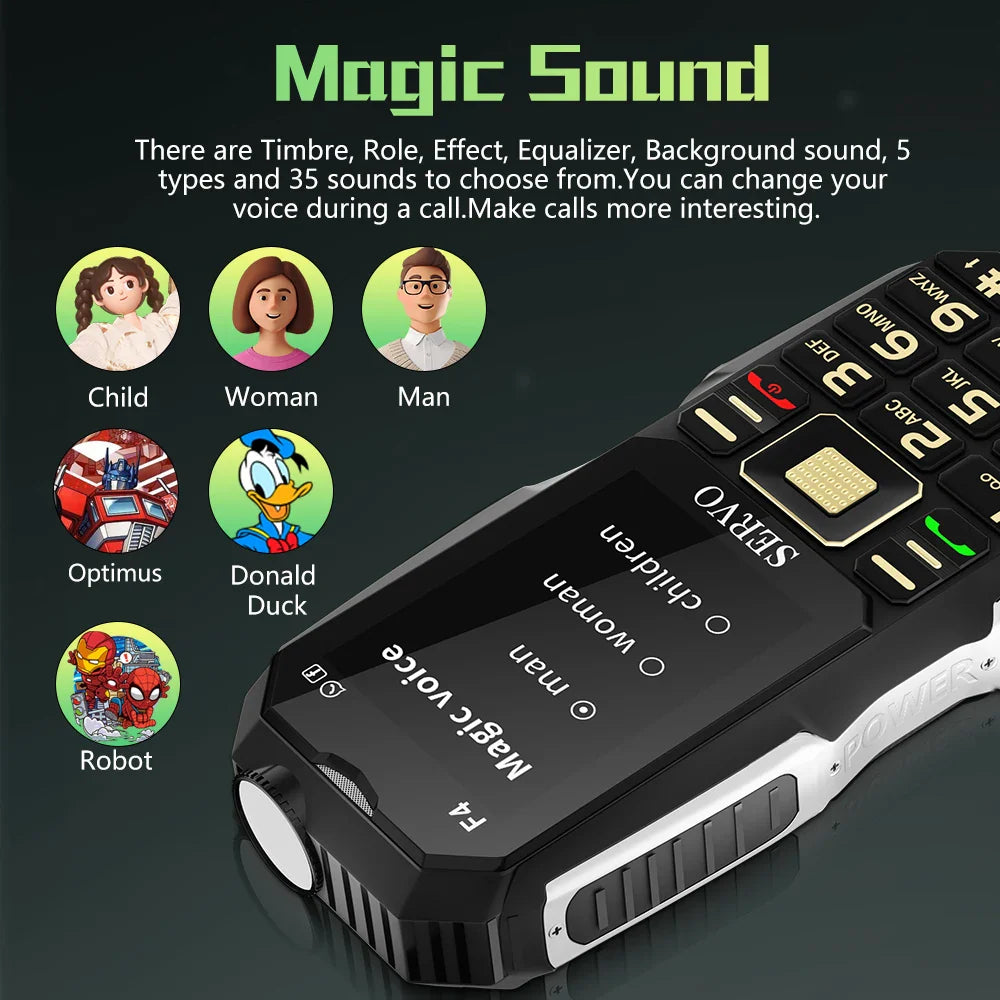 SERVO F4 Mobile Phone - Triple SIM Card, Magic Voice, Power Bank, Flashlight, FM Radio - Large Button GSM 2G Cellphone, Affordable Option for Elderly