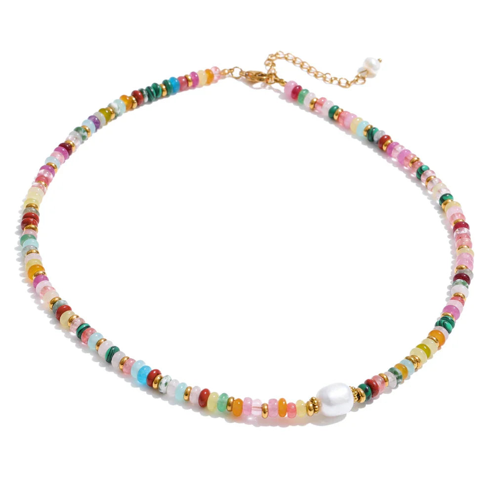 Yhpup Colorful Natural Stone Bead Necklace – Handmade Y2K Stainless Steel Waterproof Chain Jewelry for Women