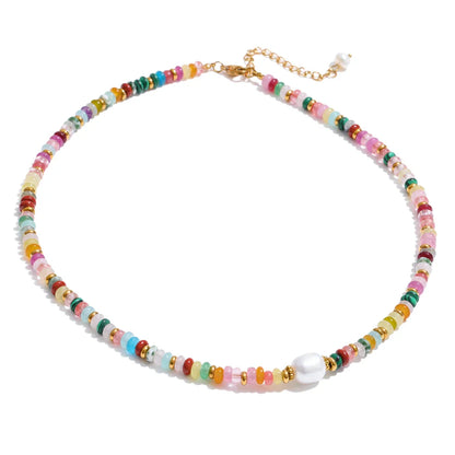 Yhpup Colorful Natural Stone Bead Necklace – Handmade Y2K Stainless Steel Waterproof Chain Jewelry for Women