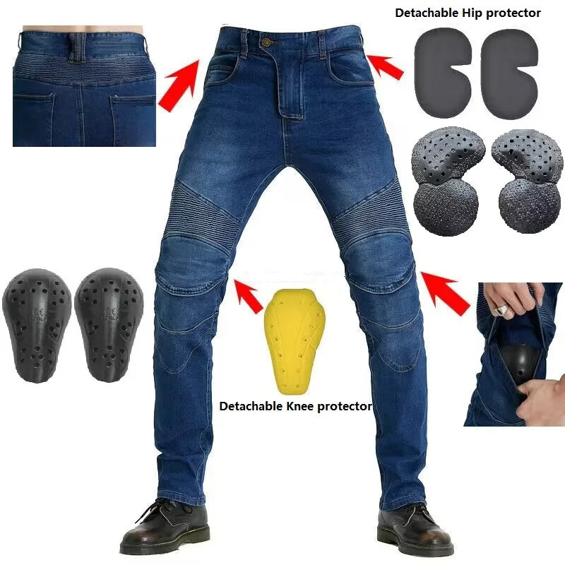 Men's Embroidery Motorcycle Jeans – Protective Gear with Belt, Motocross Pants for Driver License Test & Riding