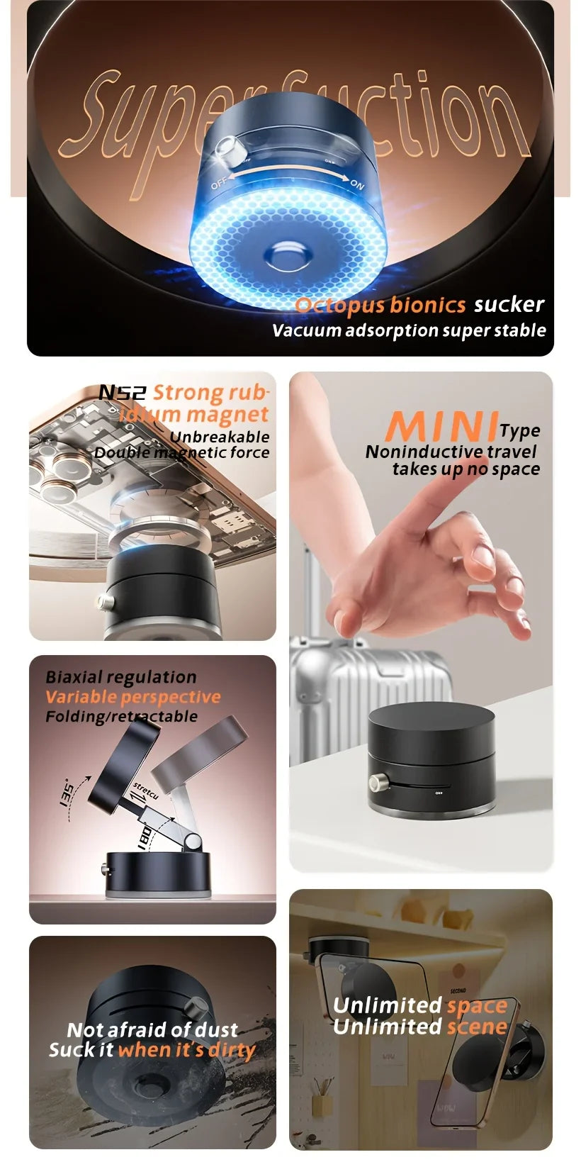 Vacuum Magnetic Folding Swivel Phone Stand – Double-Sided Suction Cup Holder, Universal Compatibility