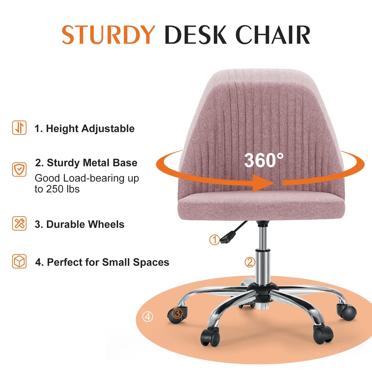 Armless Small Desk Chair – Cute Vanity Swivel Chair with Back, Fabric Upholstery & Wheels for Home & Gaming