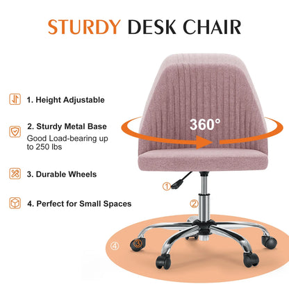 Armless Small Desk Chair – Cute Vanity Swivel Chair with Back, Fabric Upholstery & Wheels for Home & Gaming