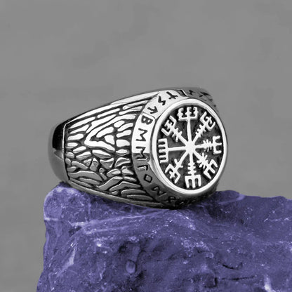 Nordic Viking Stainless Steel Ring - Compass Tree of Life Rune Wolf Amulet Jewelry for Men & Women