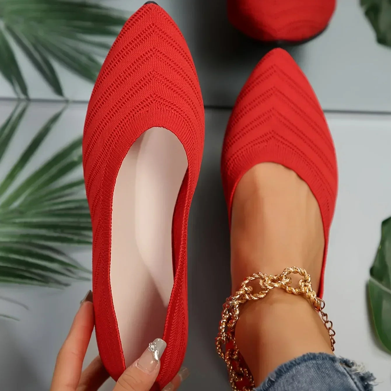 Women’s Pointed Toe Knitted Slip-On Flats – Solid Color Casual Breathable Ballet Loafers
