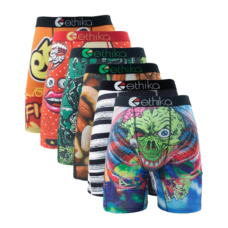 ETHIKA 6-Pack Men’s Boxer Briefs – Breathable Printed Underwear Trunks, Sexy Swim Underpants, Plus Size S–3XL Comfortable Boxers for Men