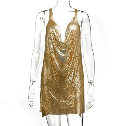 Women’s 90s Rave Glitter Mini Dress – V-Neck Lace-Up Sequin Y2K Clubwear, Sexy Backless Bodycon with Metal Details for Party