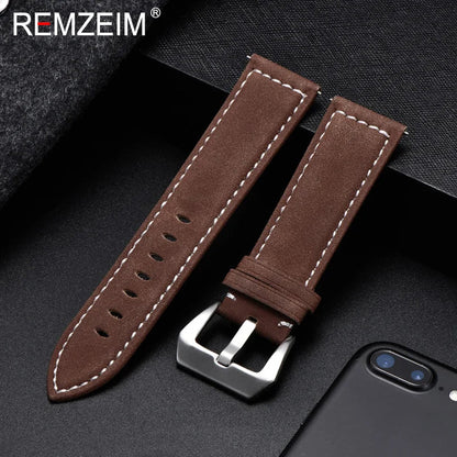 Genuine Leather Watch Band – Vintage Matte Black, Blue & Brown Strap for Men & Women, 18mm-24mm Wrist Bracelet