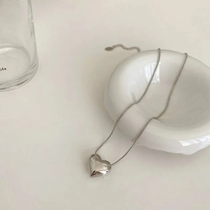 Silver Heart Pendant Necklace for Women – Trendy Korean Snake Chain Choker Jewelry