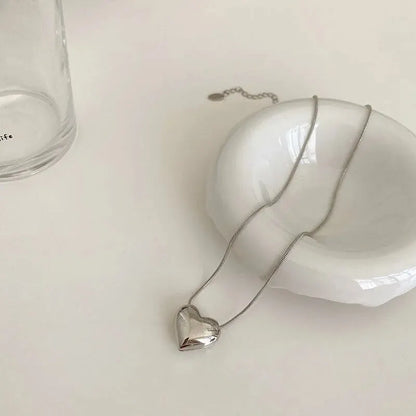 Silver Heart Pendant Necklace for Women – Trendy Korean Snake Chain Choker Jewelry