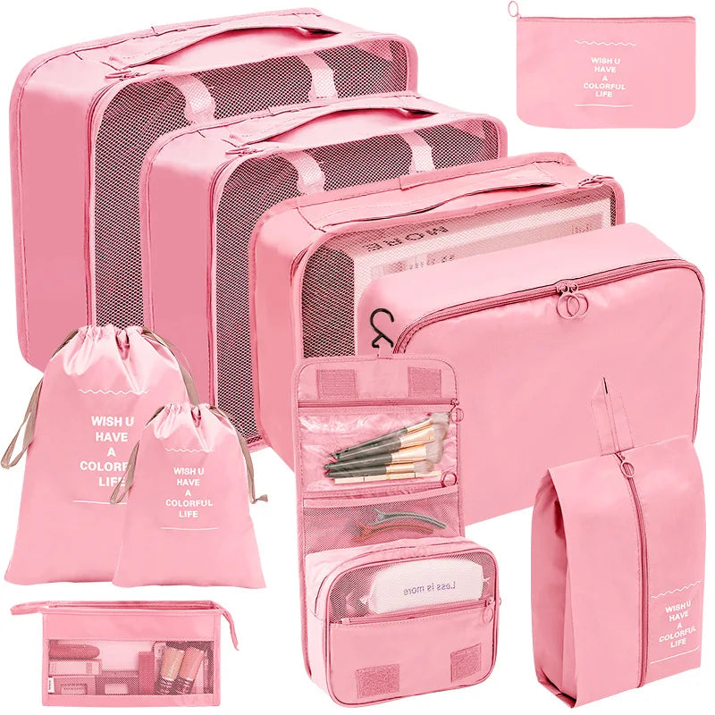 7/8/9/10-Piece Travel Organizer Storage Bags Set - Portable Packing Cubes for Suitcase, Luggage, Clothes, Shoes, Tidy Pouches, Folding Design