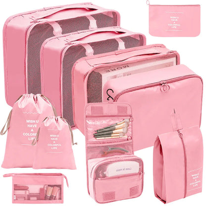 7/8/9/10-Piece Travel Organizer Storage Bags Set - Portable Packing Cubes for Suitcase, Luggage, Clothes, Shoes, Tidy Pouches, Folding Design