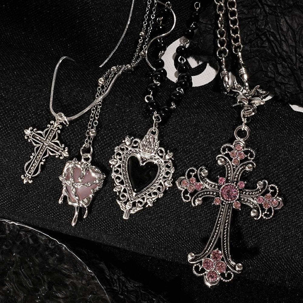 Y2K Cross Love Pendant Necklace - Sweet Cool Girl Personalized Jewelry for Everyday Wear