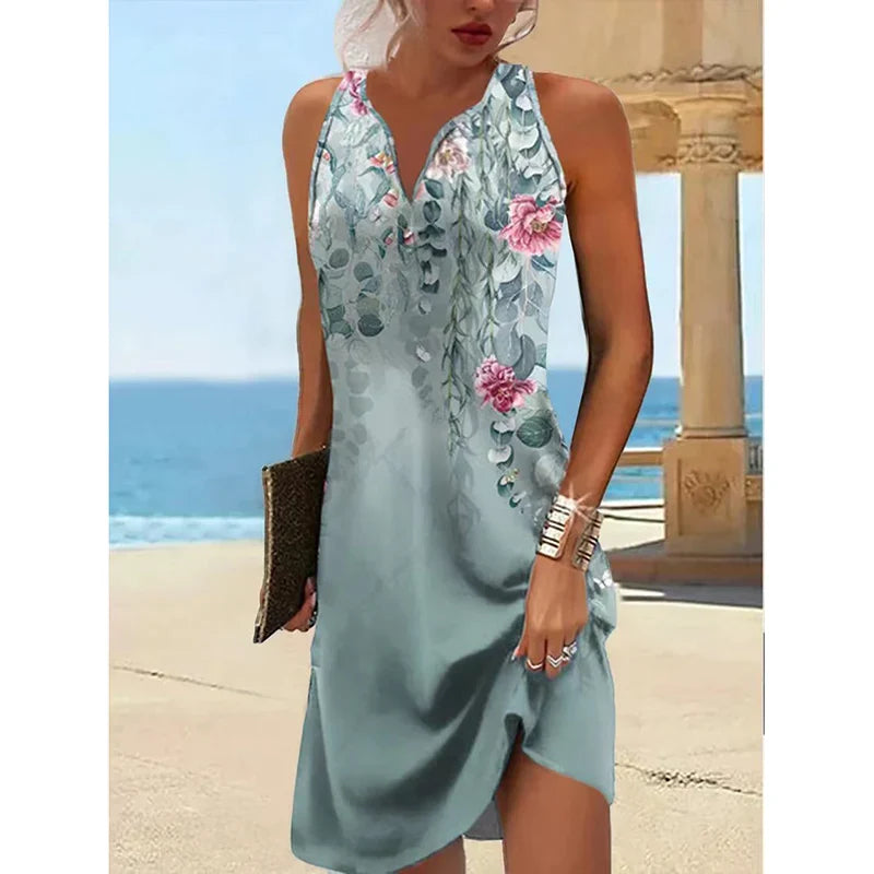2023 Women's Summer Boho Mini Dress – Vintage Floral Print, V-Neck, Sleeveless Button, Plus Size Vestidos