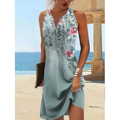 2023 Women's Summer Boho Mini Dress – Vintage Floral Print, V-Neck, Sleeveless Button, Plus Size Vestidos