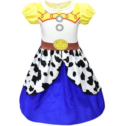 Kids Cowgirl Costume Dress - Girls Cartoon Print Short Sleeve Halloween Cosplay Party Outfit
