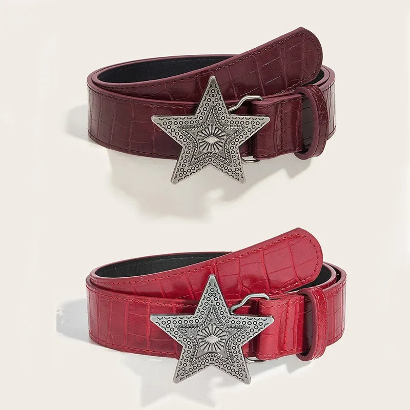 Gothic Punk PU Leather Belt - 3.3cm Wide Y2K Retro Star Buckle Waistband for Women