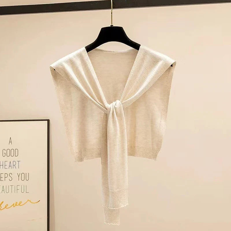 Striped Knitted Shawl Scarf – Warm Winter Cape with Fake Collar for Women