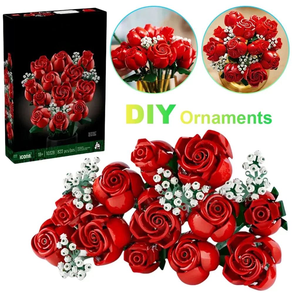 Bouquet of Roses Building Blocks – 10280 Compatible Construction Toy Flowers for Home Decor & Birthday Gift