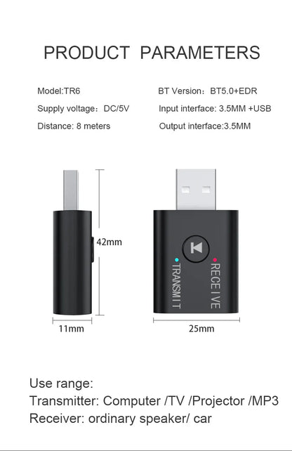 Bluetooth 5.0 Audio Transmitter Receiver – 3.5mm AUX, RCA, USB Stereo Wireless Adapter for TV, Car, Speaker & Headphones
