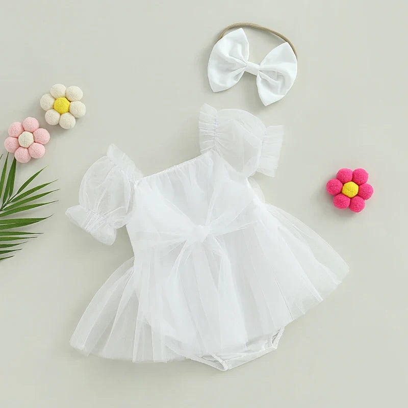 Baby Girl Princess Tulle Romper - Puff Sleeve Birthday Jumpsuit with Headband, 0–24 Months