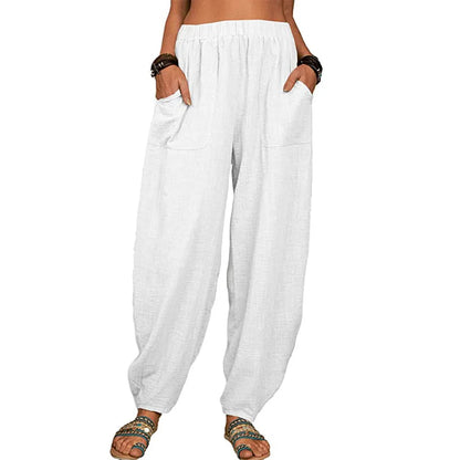 Women’s Casual Cotton Linen Harem Pants – Loose Fit Wide Leg Summer Lounge & Homewear Breathable Long Trousers LRFZ-922