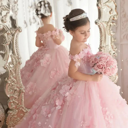 Pink Flower Girl Dress - 3D Floral Applique Pearl Tulle Gown for Weddings & Parties