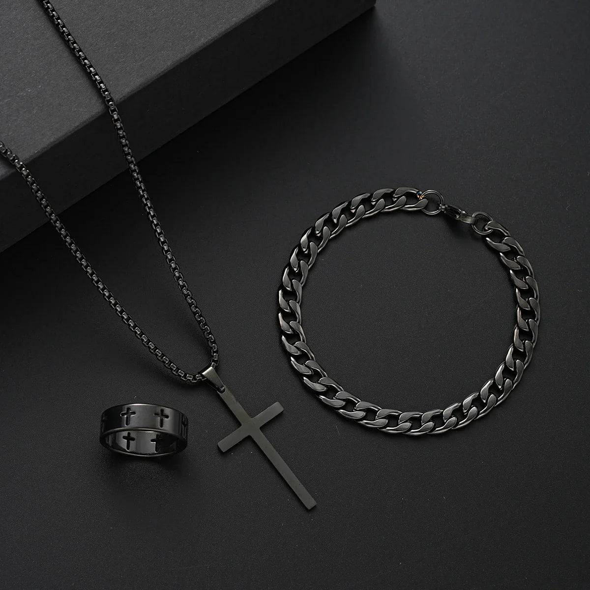 3-Piece Stainless Steel Jewelry Set – Men’s & Women’s Retro Bracelet, Necklace, Ring for Punk Hip Hop Fashion