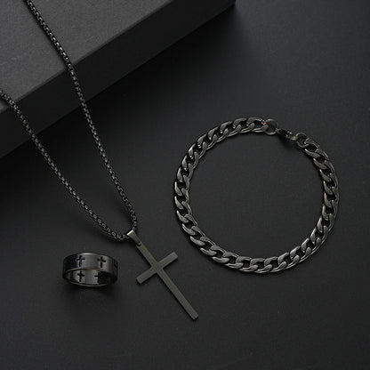 3-Piece Stainless Steel Jewelry Set – Men’s & Women’s Retro Bracelet, Necklace, Ring for Punk Hip Hop Fashion