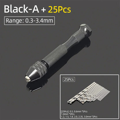 Mini Aluminum Hand Drill 0.3–3.4mm – Keyless Chuck Micro Rotary Tool with HSS Twist Drill Bit Set for Wood & DIY Crafts