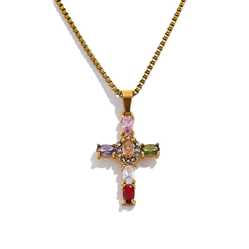 Yhpup Colorful Cubic Zirconia Cross Pendant Stainless Steel Luxury Necklace – Shiny Fashion Jewelry Gift for Women