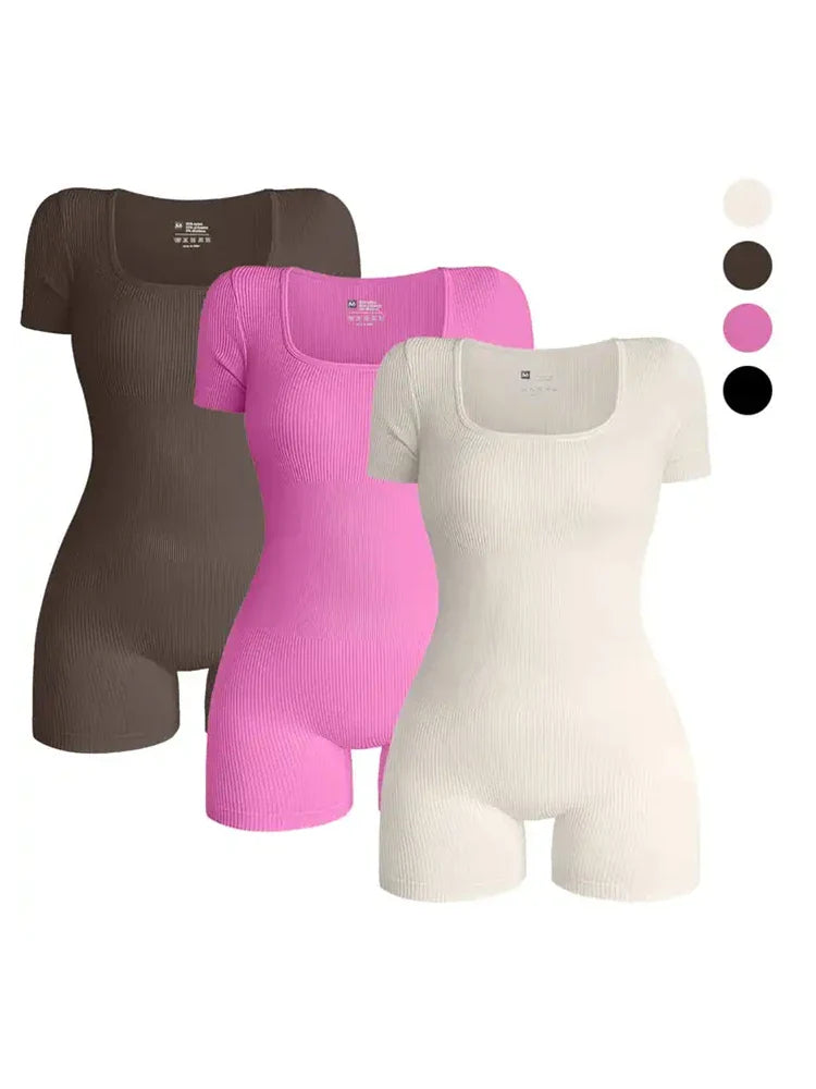New Women's Gym Wear: Square Neck Short Sleeve Bodysuit - Ribbed Yoga Sportswear Jumpsuit for Workout Clothing