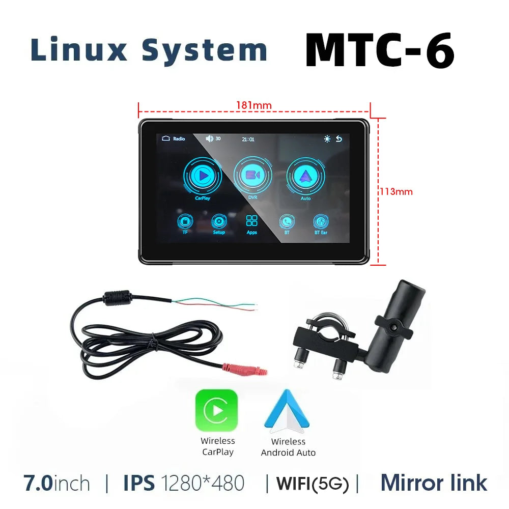 7-Inch Motorcycle GPS Navigation with Wireless Apple CarPlay & Android Auto – Waterproof Touchscreen Display, BT Connectivity, IPX7