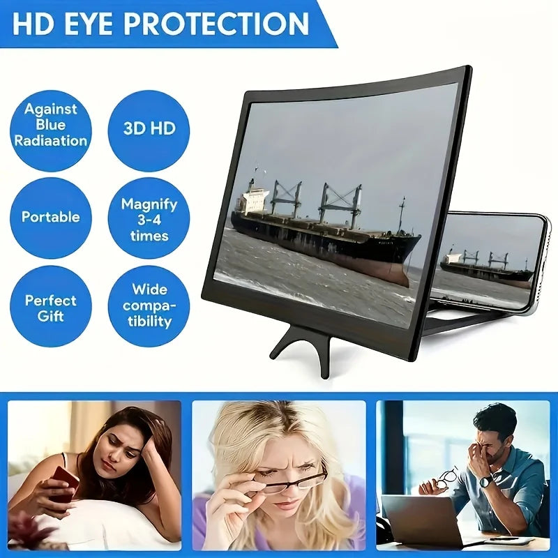 12 Inch 3D Phone Screen Magnifier Stand – Ultra HD with Anti-Glare & Blue Light Filter, Portable Personal Cinema for Movies