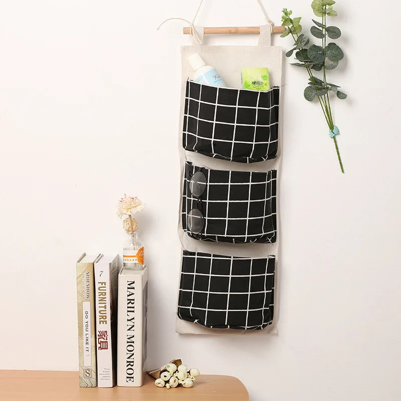 Three-Pocket Hanging Wall Storage Bag – Cotton Linen Organizer for Bedroom, Living Room & Kitchen