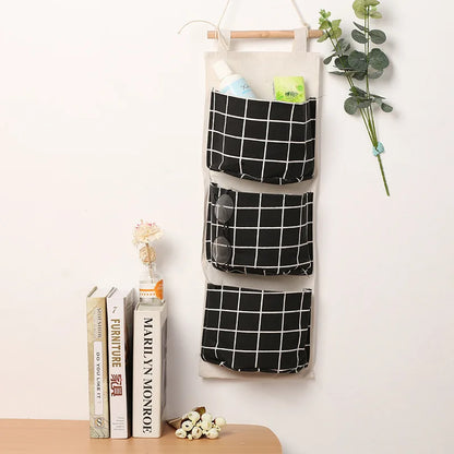 Three-Pocket Hanging Wall Storage Bag – Cotton Linen Organizer for Bedroom, Living Room & Kitchen