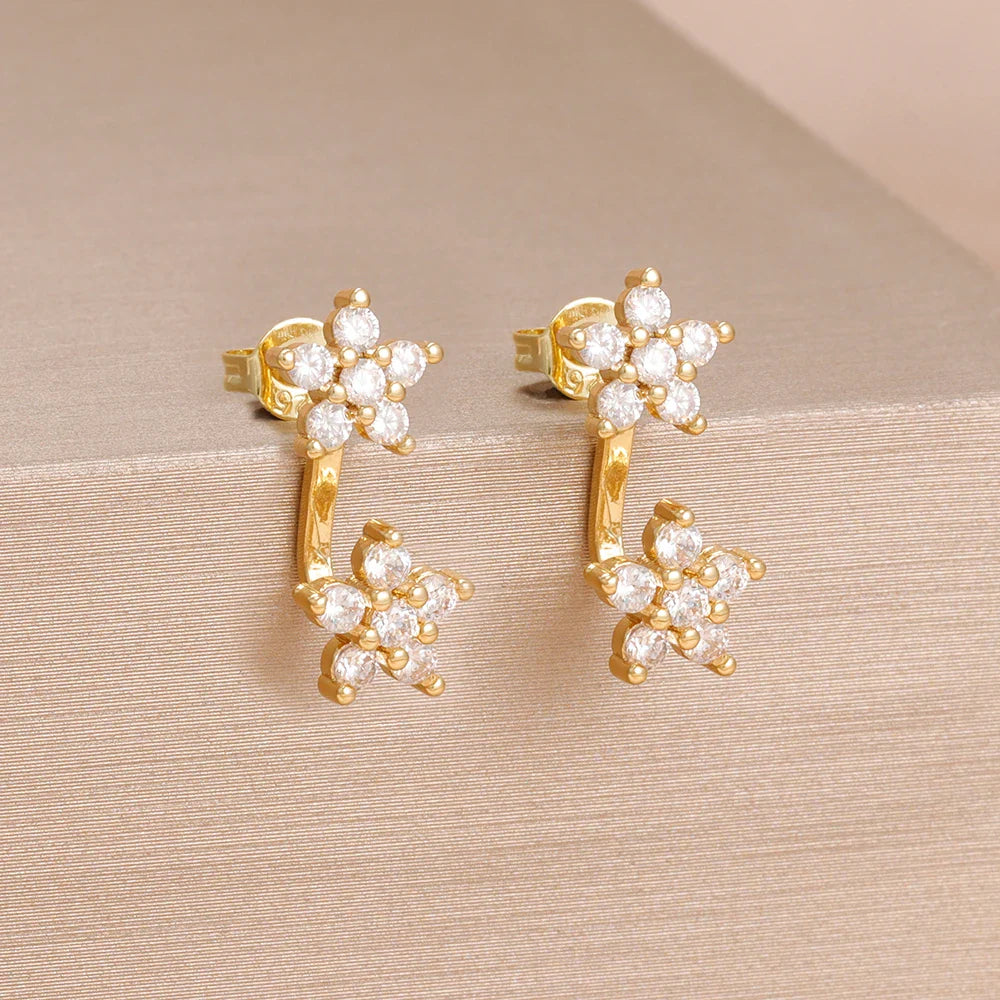 French Design Double Flower Dangle Earrings – Stainless Steel Crystal Cartilage Piercing Jewelry for Women
