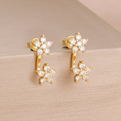 French Design Double Flower Dangle Earrings – Stainless Steel Crystal Cartilage Piercing Jewelry for Women