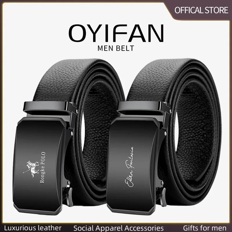 OYIFAN Men’s Genuine Leather Belt – Designer Alloy Buckle Automatic Ratchet Belt