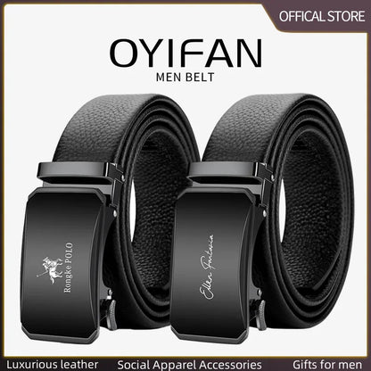 OYIFAN Men’s Genuine Leather Belt – Designer Alloy Buckle Automatic Ratchet Belt