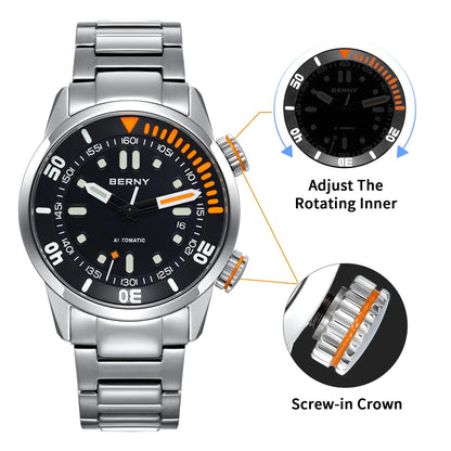 BERNY Automatic Men's Dive Watch – Super Luminous 20ATM Sapphire Wristwatch