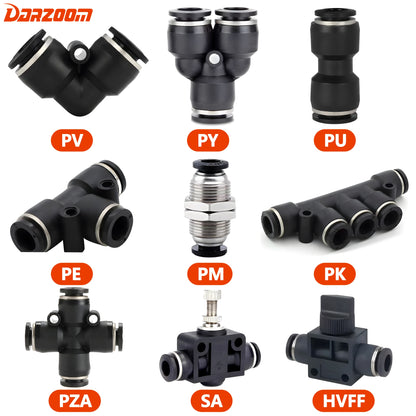 High Quality Pneumatic Air Tube Quick Connector Fitting – Black PU/PE/NY Pipe Fittings 3–16mm Industrial Hose Adapter Set