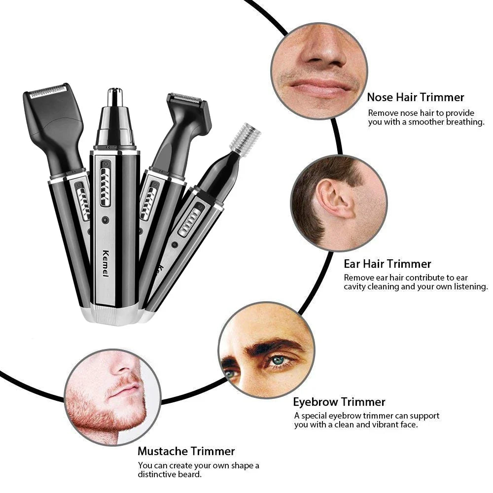 4-in-1 Rechargeable Nose Trimmer: Beard and Ear Hair Removal Clean Machine for Men - Eyebrow and Nose Hair Trimmer