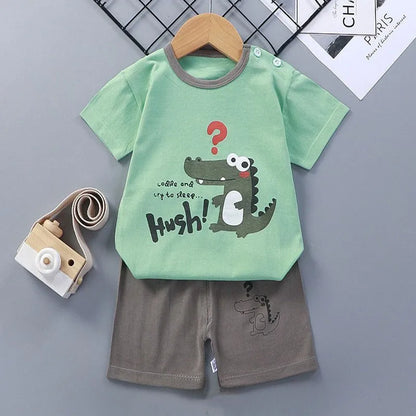 Kid Boy Summer 2-Piece Set – Soft Cotton Short Sleeve Tee & Stripe Shorts with Cartoon Zebra Print, Casual Sportswear for Ages 1-6
