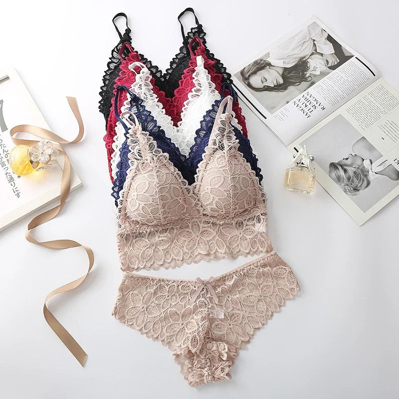 Sexy Lace Lingerie Set – Seamless Wire-Free Bra & Panty with Embroidery Hollow-Out Design