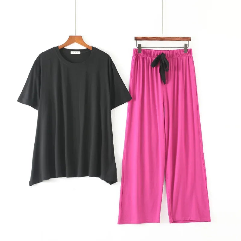 Women's Summer Modal Pajamas Set – Lightweight Short Sleeve Top and Loose Trousers Two-Piece Homewear